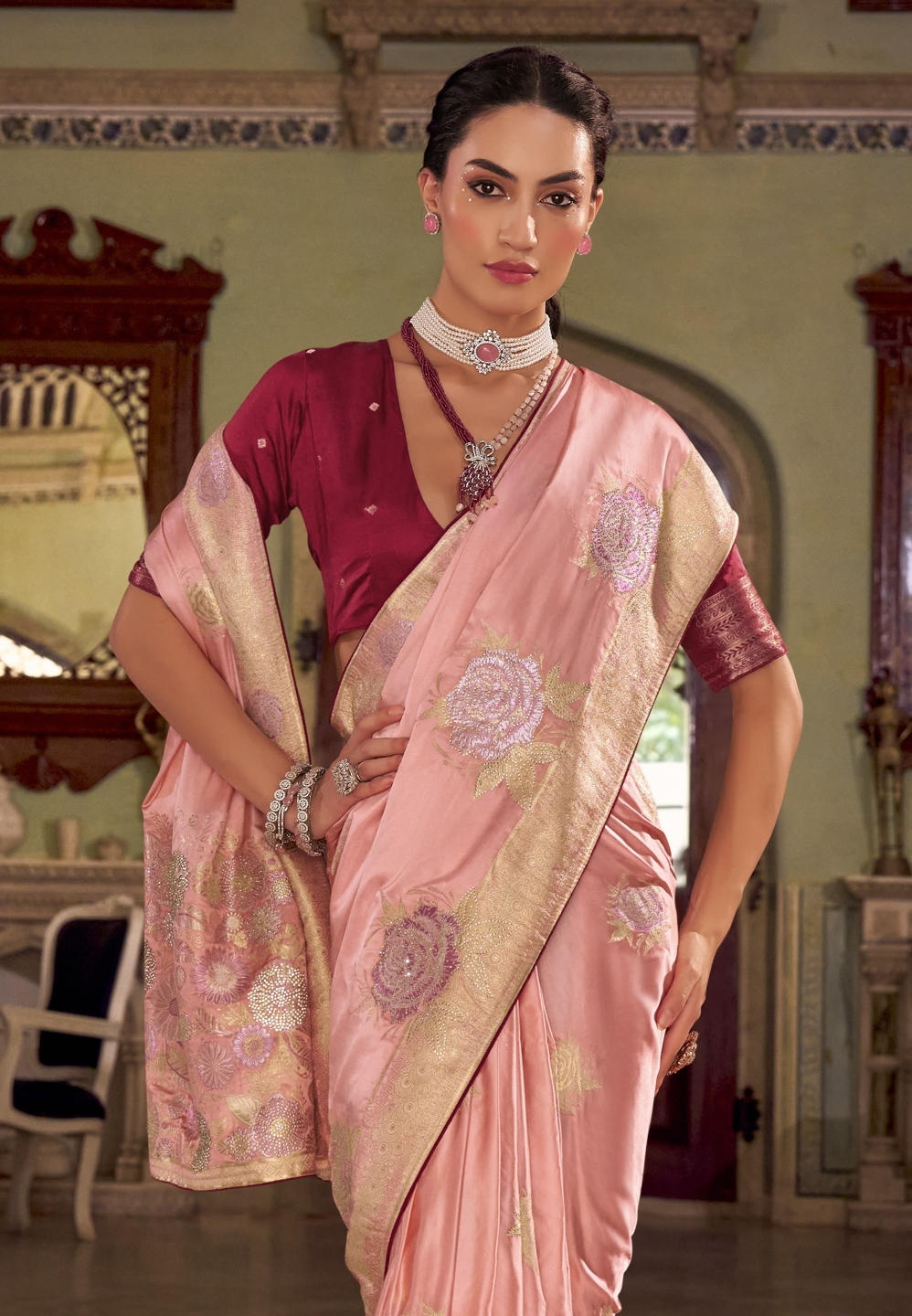 Peach Floral Jacquard Satin Silk Saree