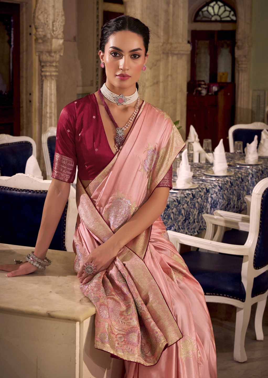 Peach Floral Jacquard Satin Silk Saree