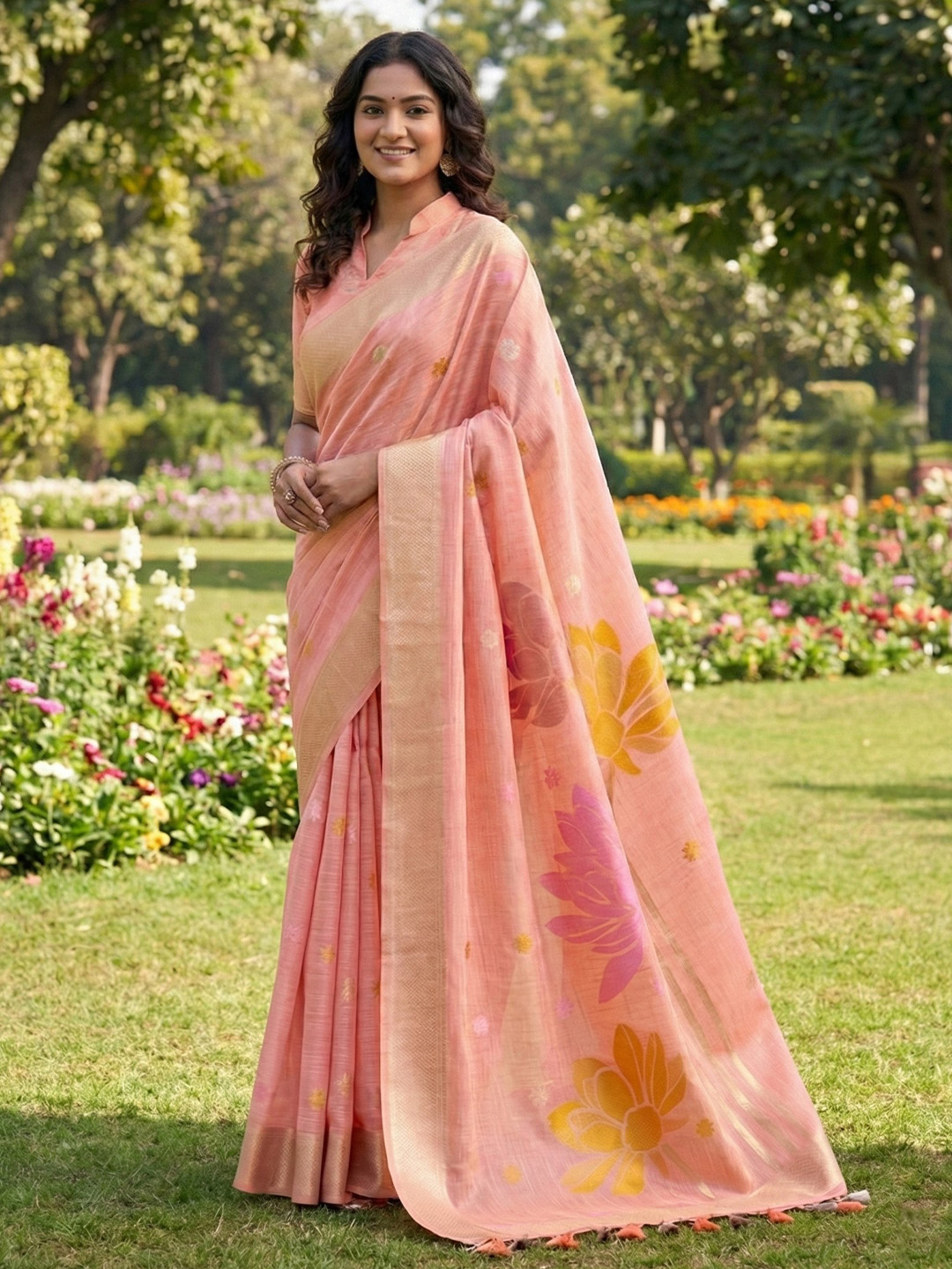 Peach Floral Linen Cotton Saree