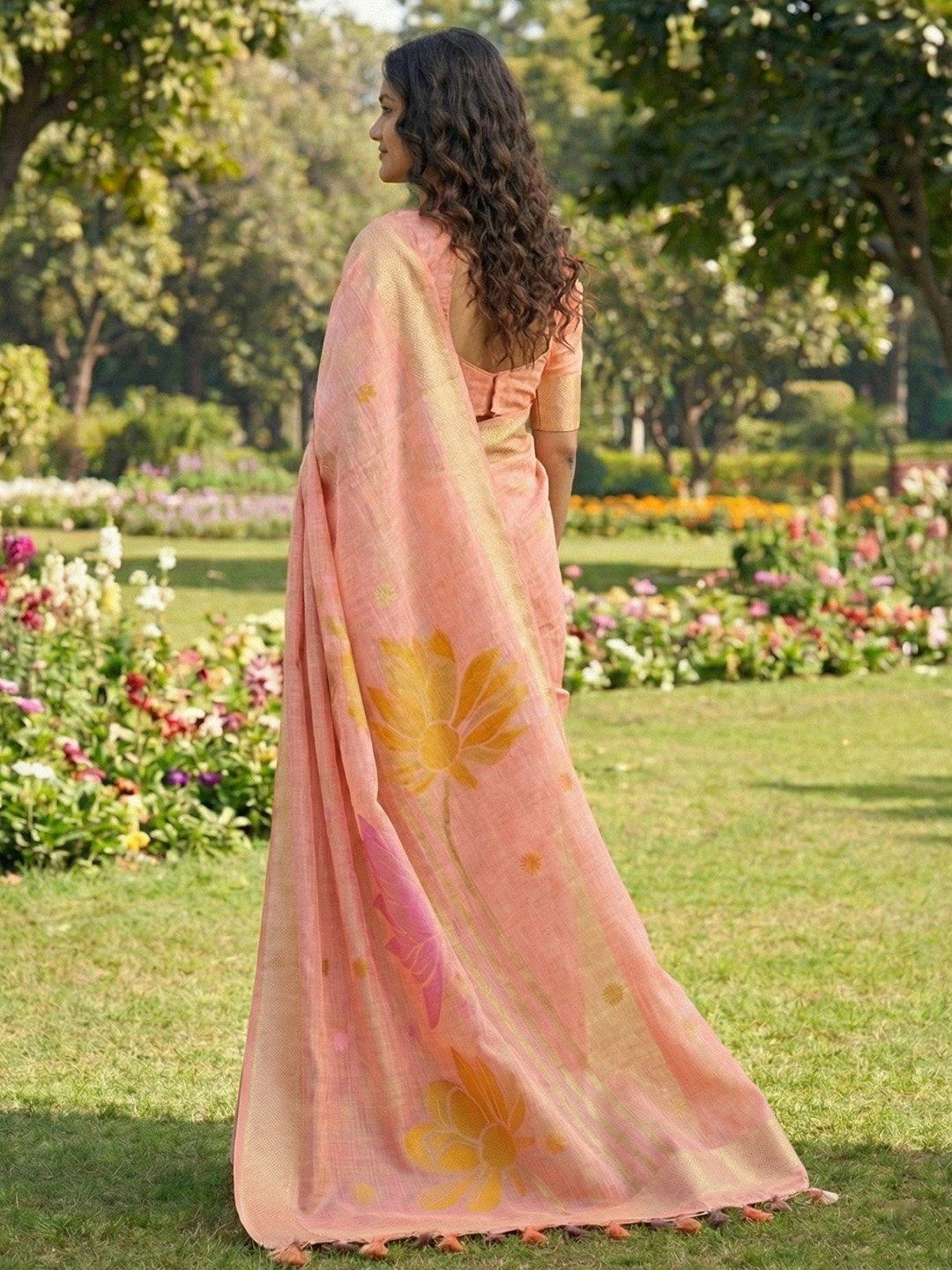 Peach Floral Linen Cotton Saree — alternate view