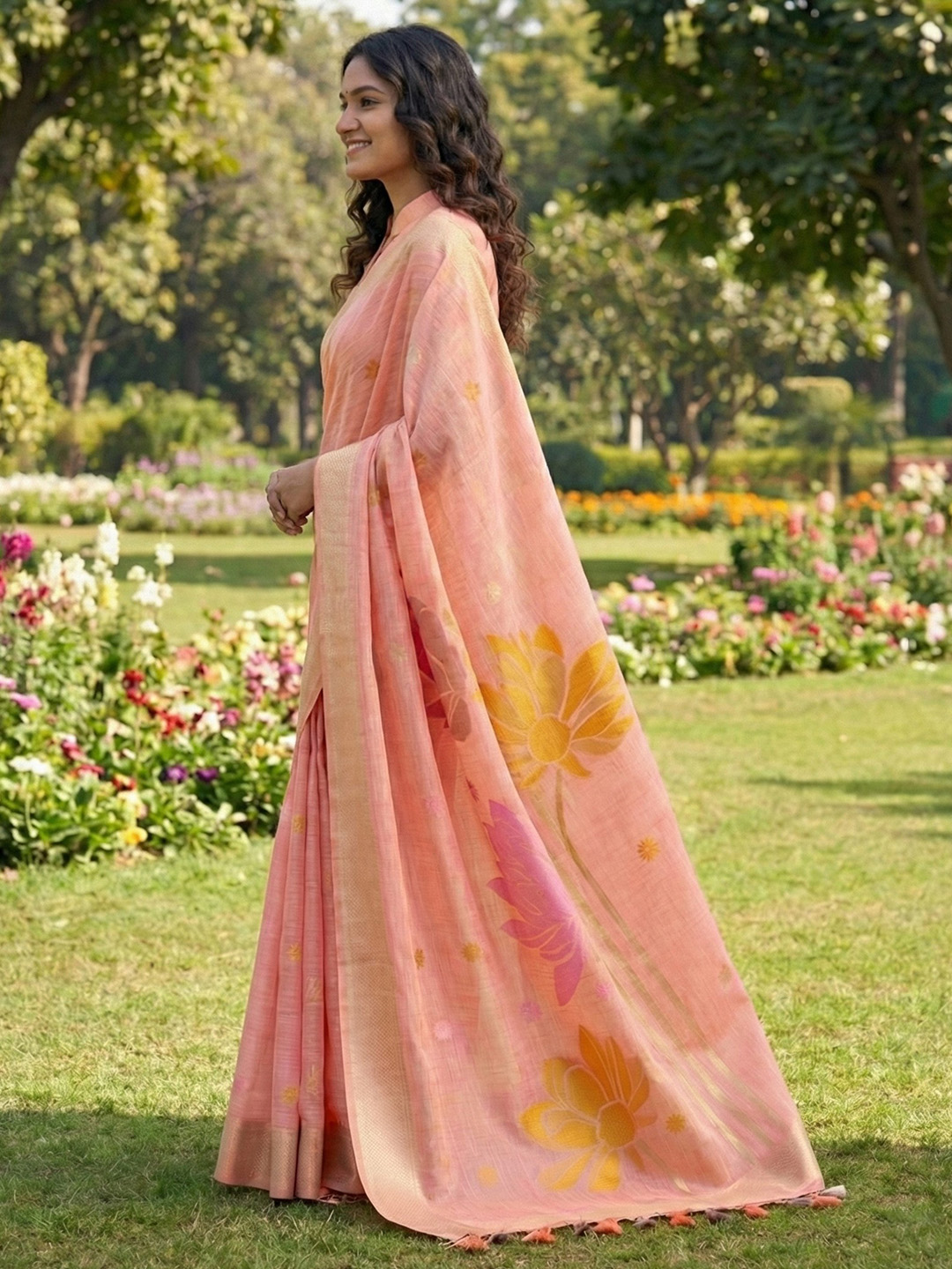 Peach Floral Linen Cotton Saree
