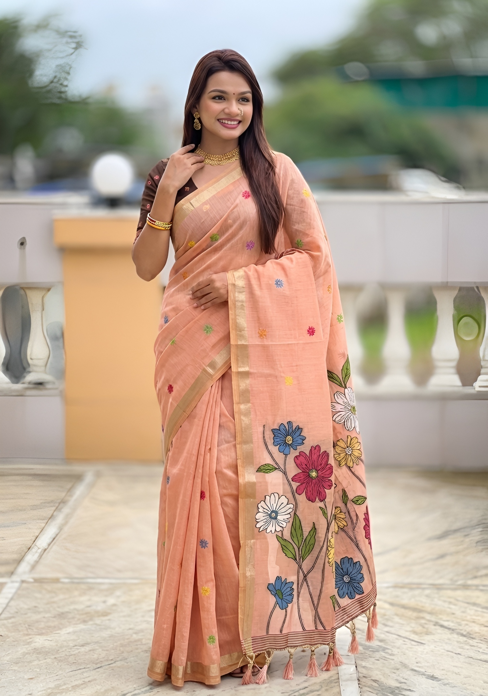 Peach Floral Meenakari Woven Cotton Silk Saree