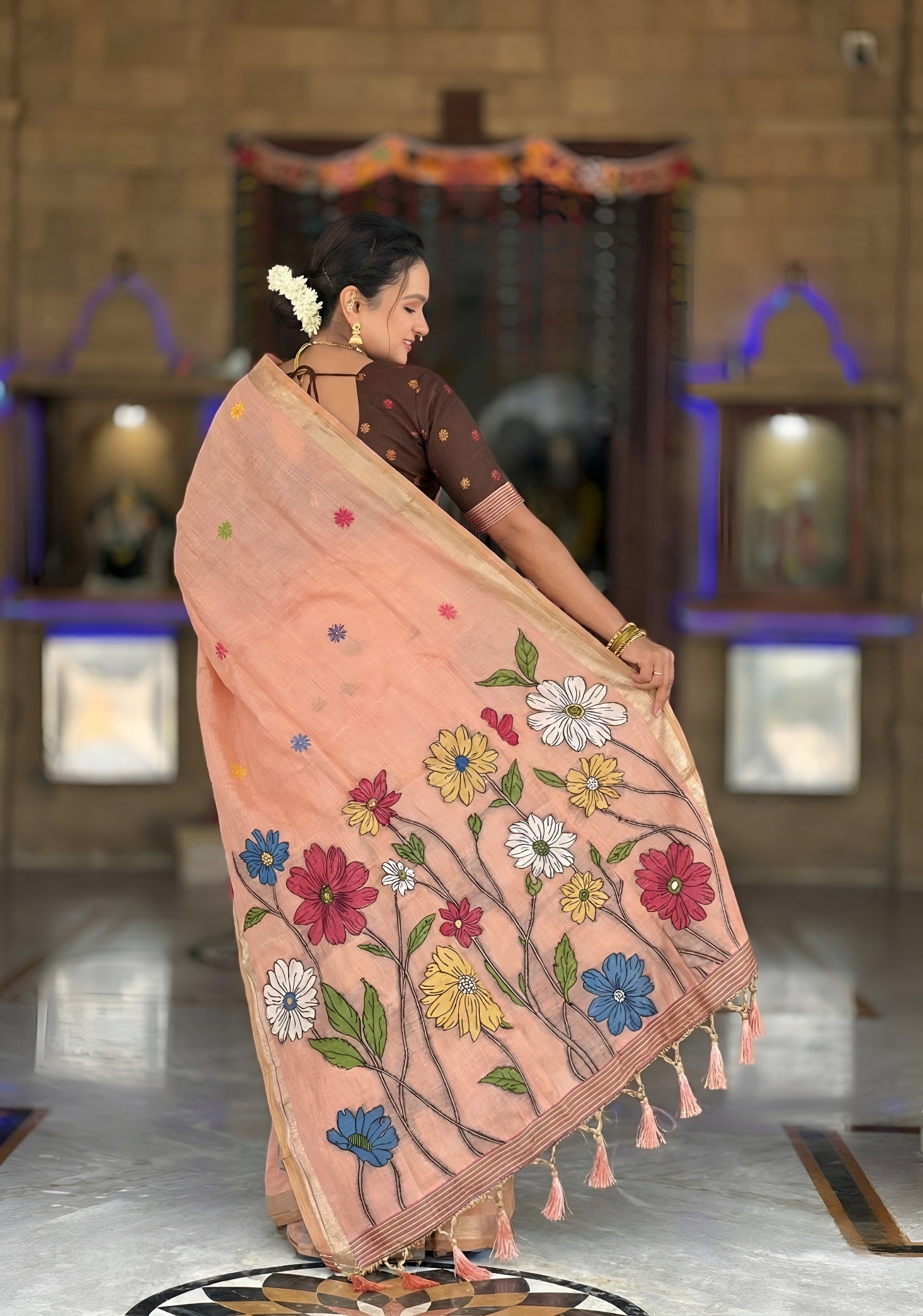 Peach Floral Meenakari Woven Cotton Silk Saree — alternate view