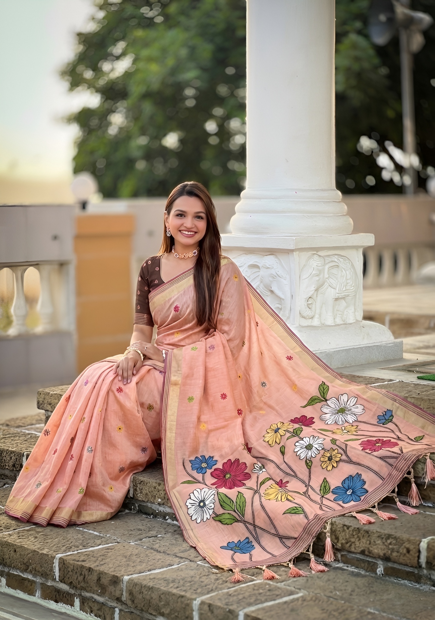 Peach Floral Meenakari Woven Cotton Silk Saree