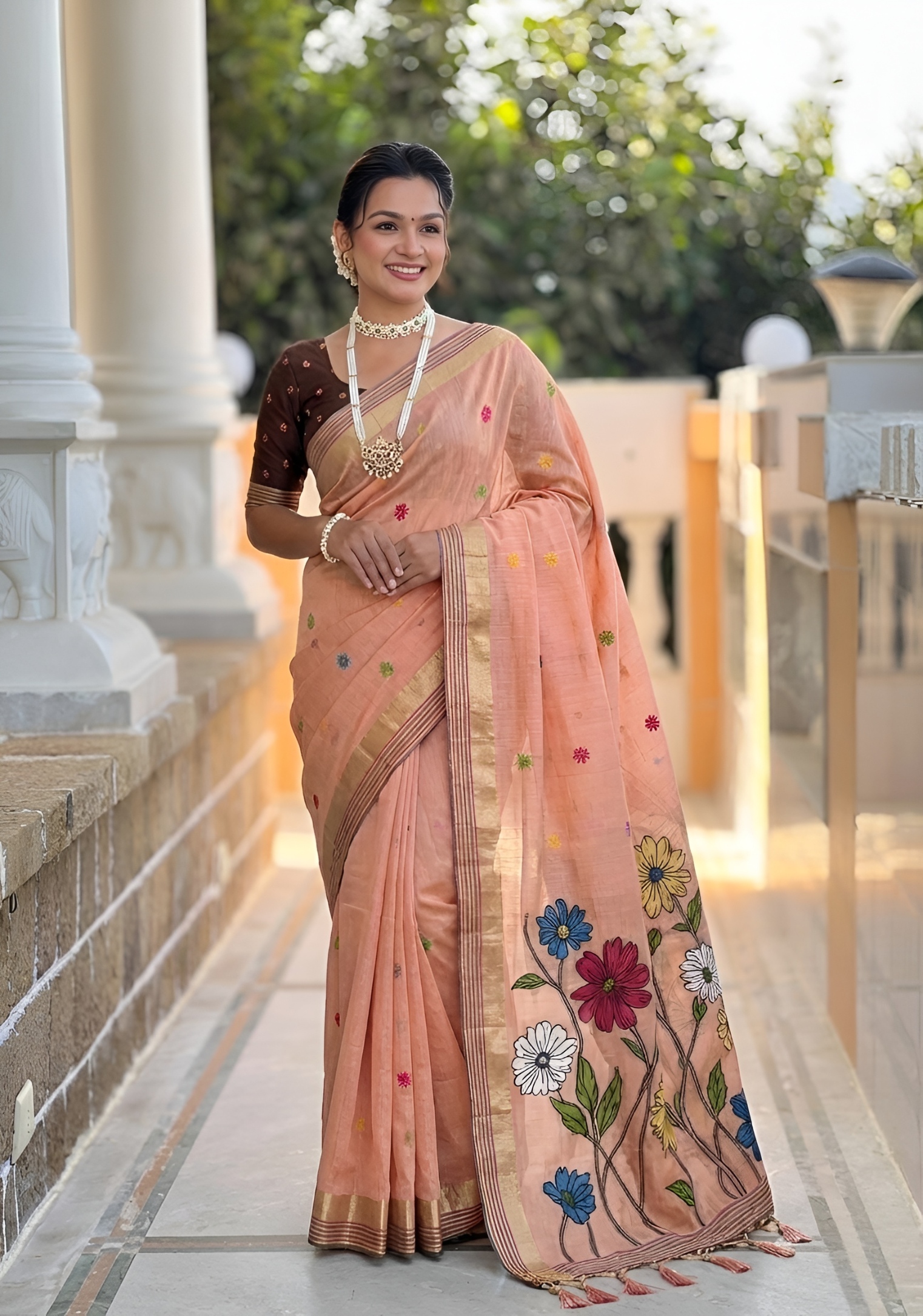 Peach Floral Meenakari Woven Cotton Silk Saree