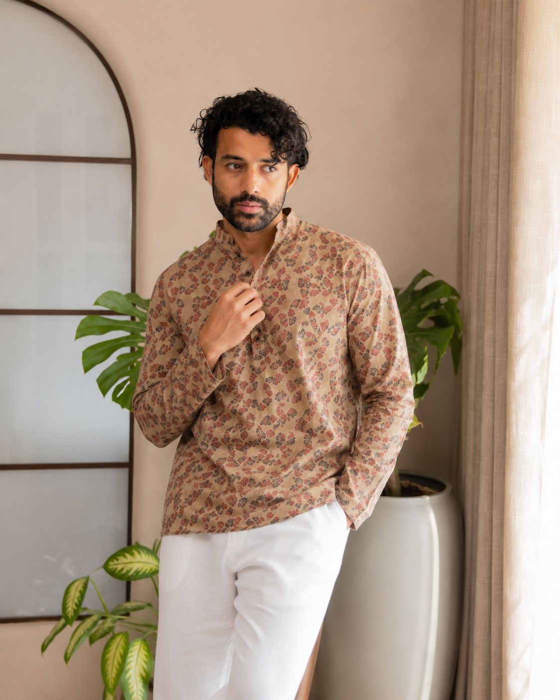 Peach Floral Motif Designer Printed Linen Short Kurta