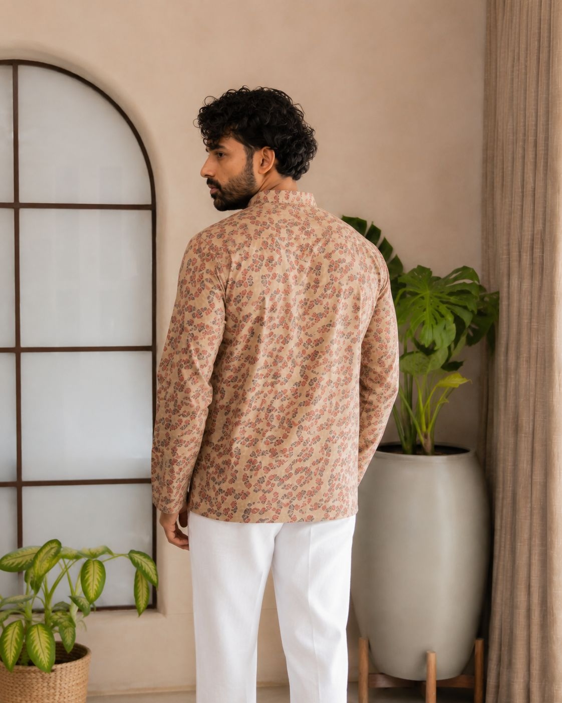 Peach Floral Motif Designer Printed Linen Short Kurta — alternate view