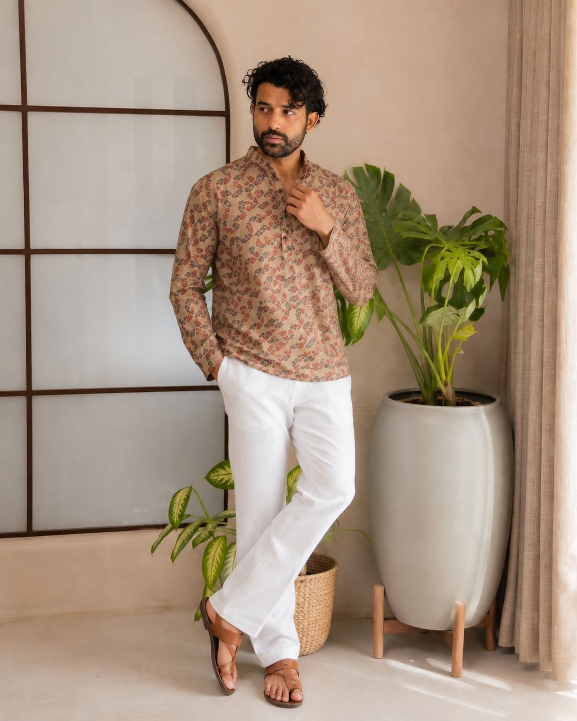 Peach Floral Motif Designer Printed Linen Short Kurta