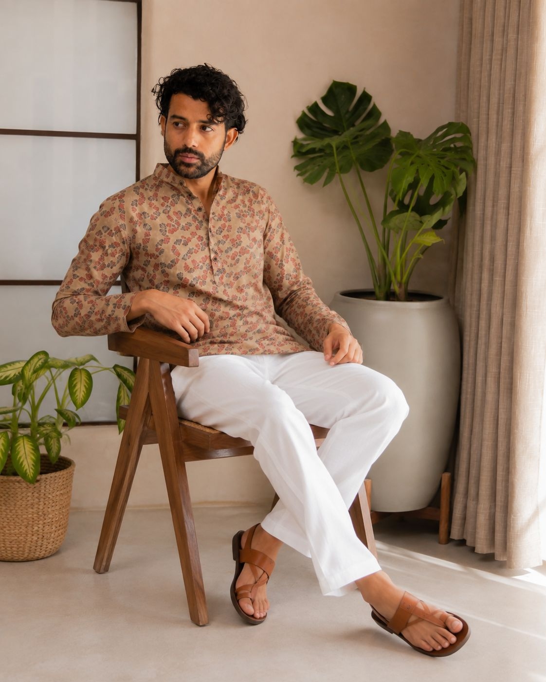 Peach Floral Motif Designer Printed Linen Short Kurta