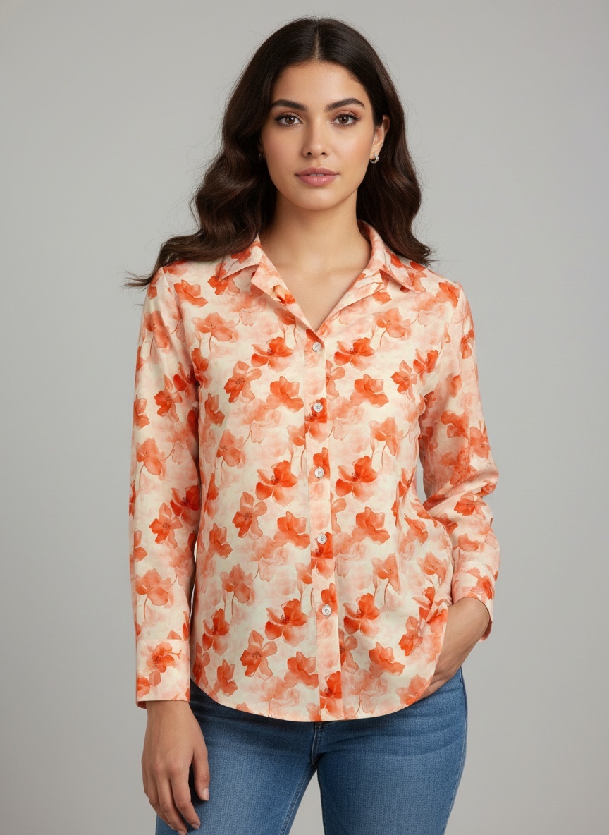 Peach Floral Printed Cotton Shirt