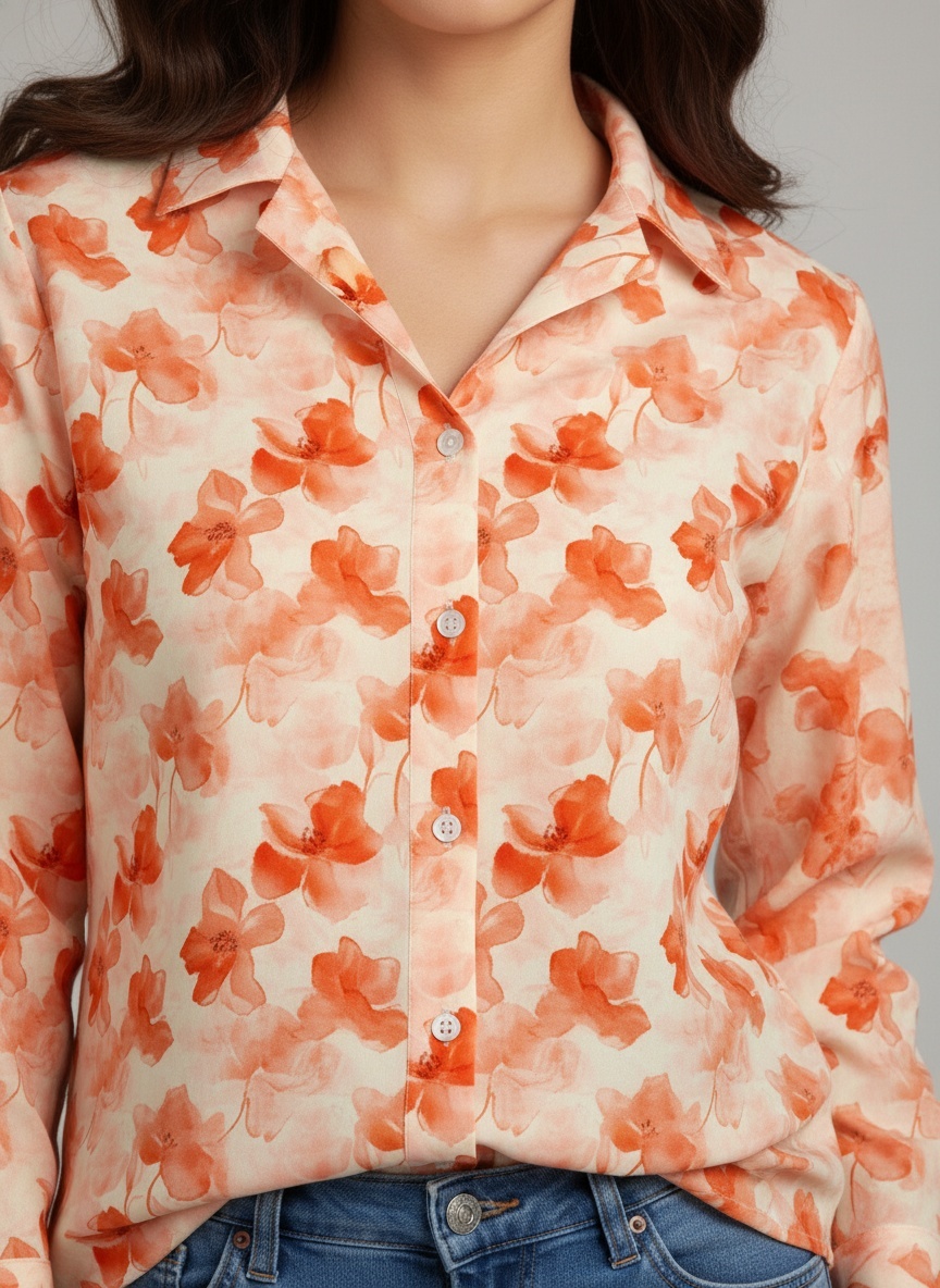 Peach Floral Printed Cotton Shirt