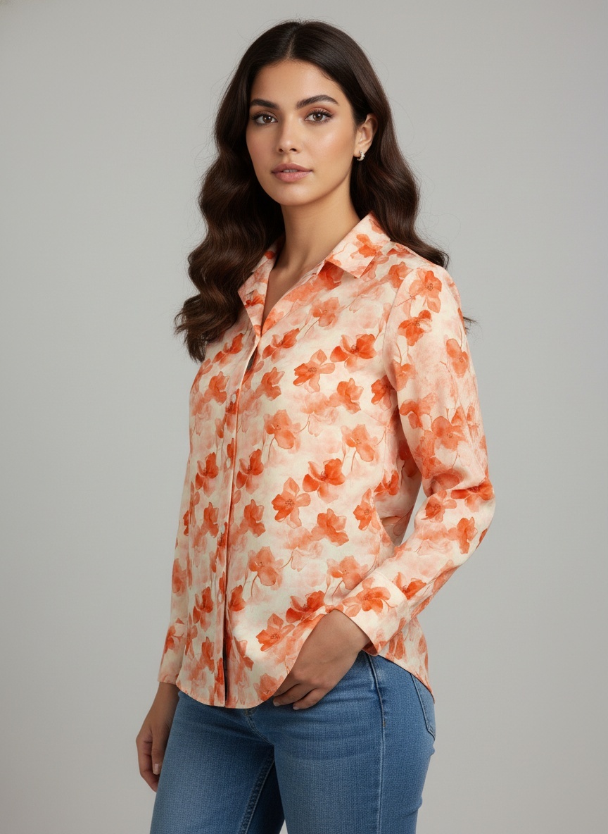 Peach Floral Printed Cotton Shirt