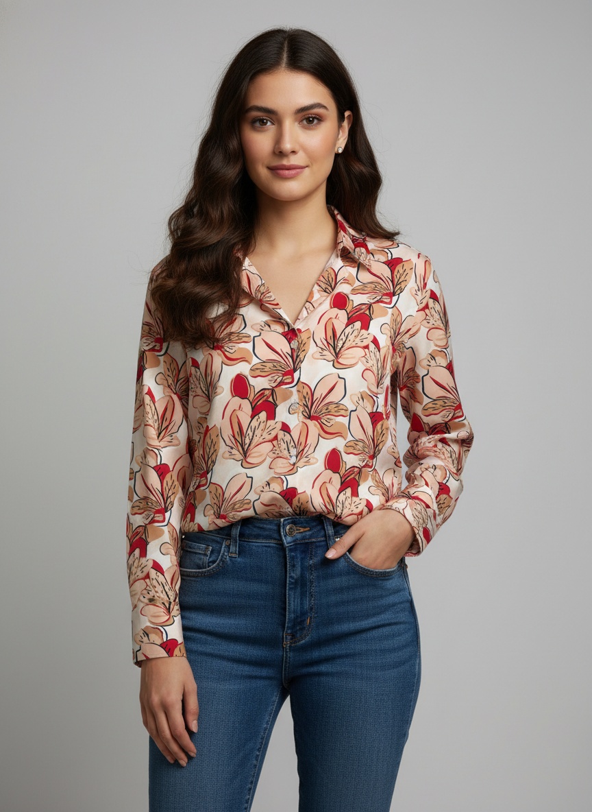 Peach Floral Printed Crepe Casual Shirt