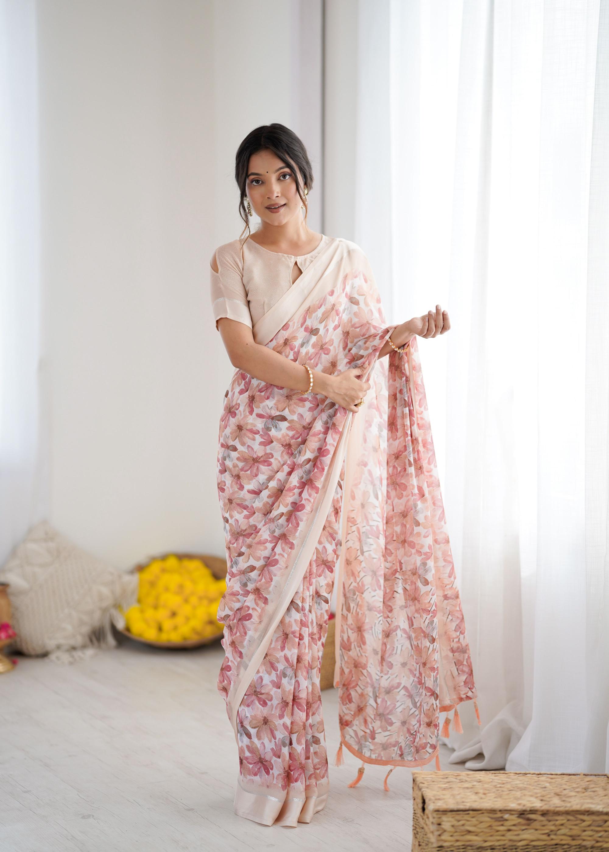 Peach Floral Printed Georgette Saree