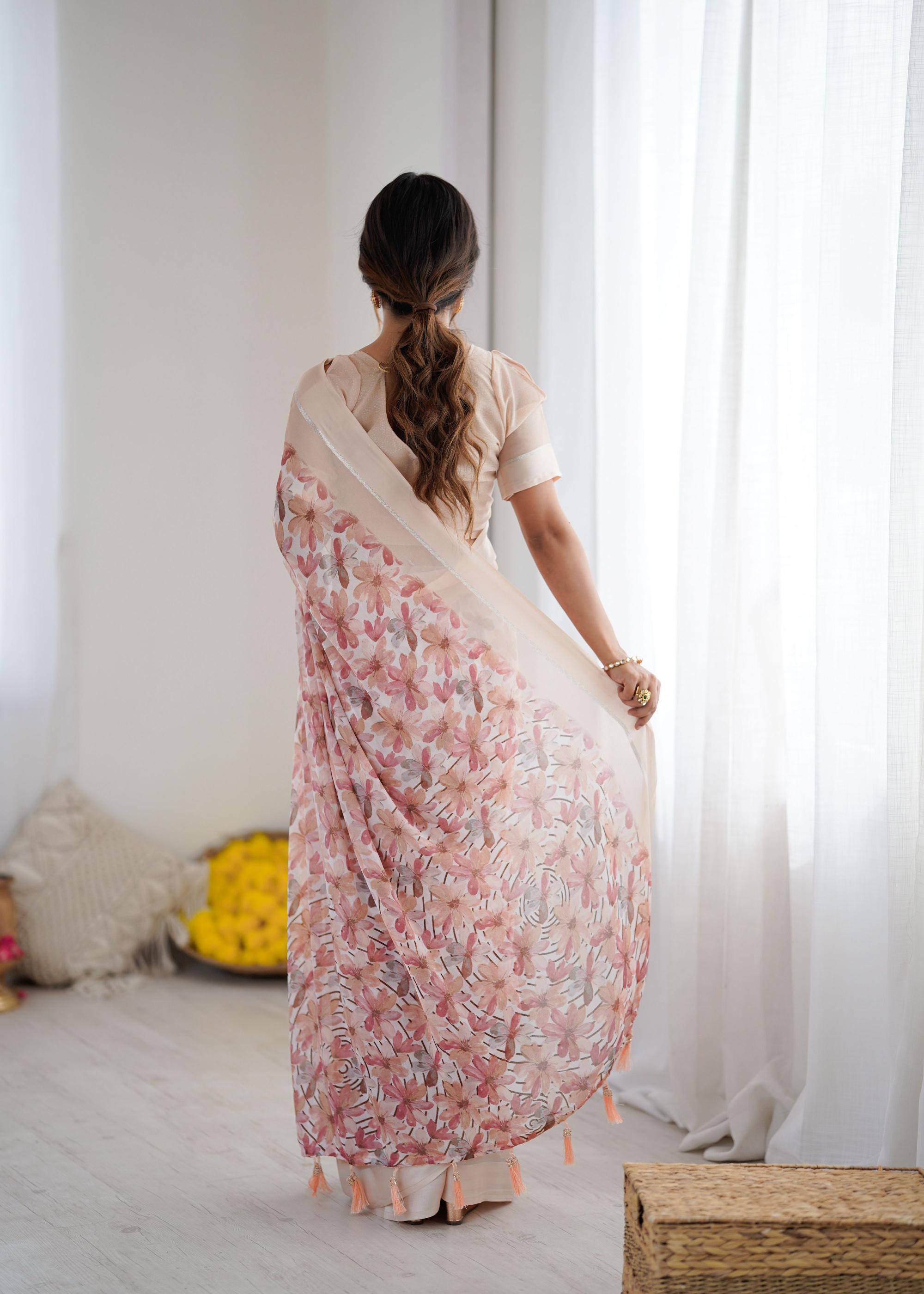 Peach Floral Printed Georgette Saree — alternate view