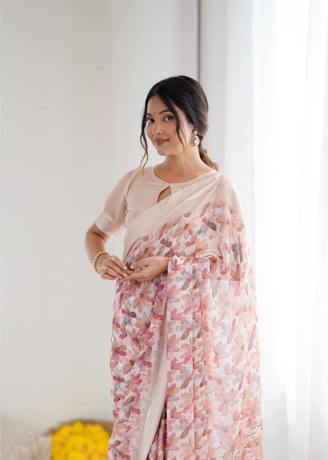 Peach Floral Printed Georgette Saree