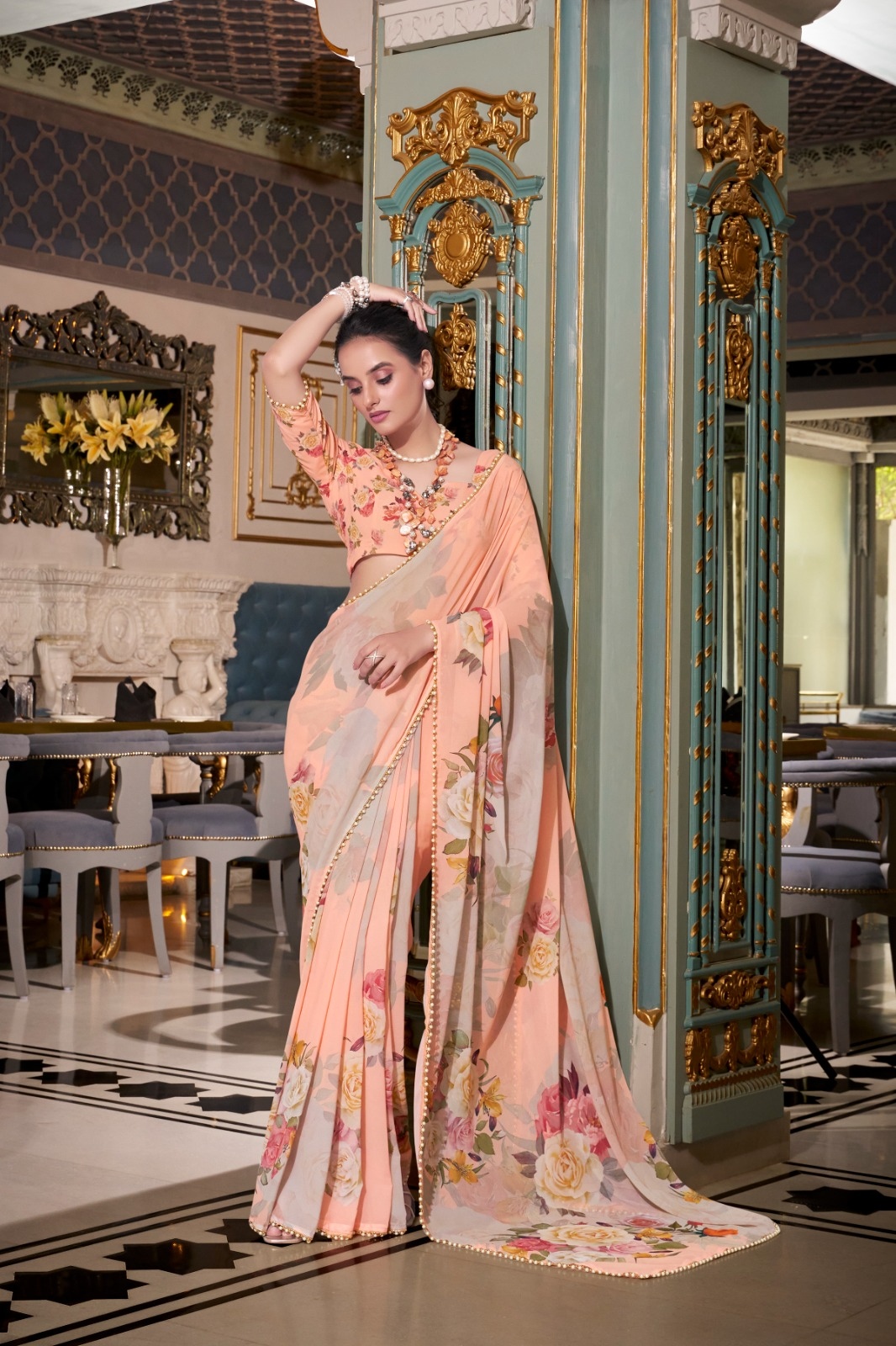 Peach Floral Printed Georgette Saree — alternate view