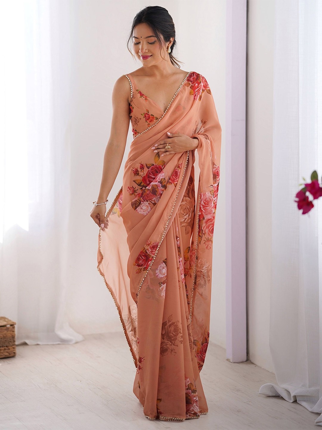 Peach Floral Printed Georgette Saree