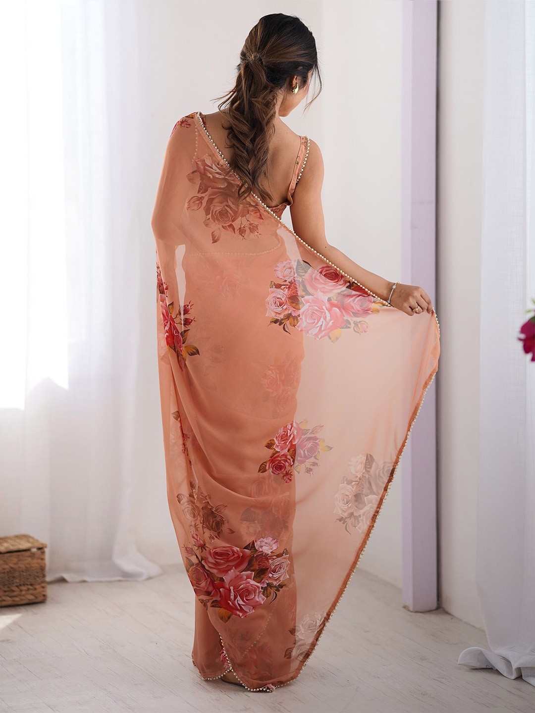 Peach Floral Printed Georgette Saree — alternate view