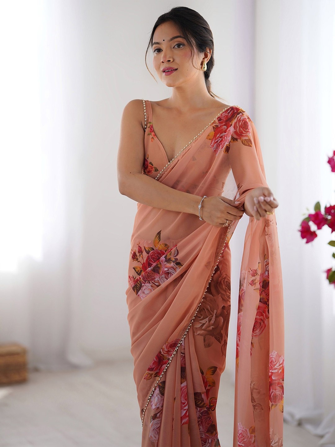 Peach Floral Printed Georgette Saree