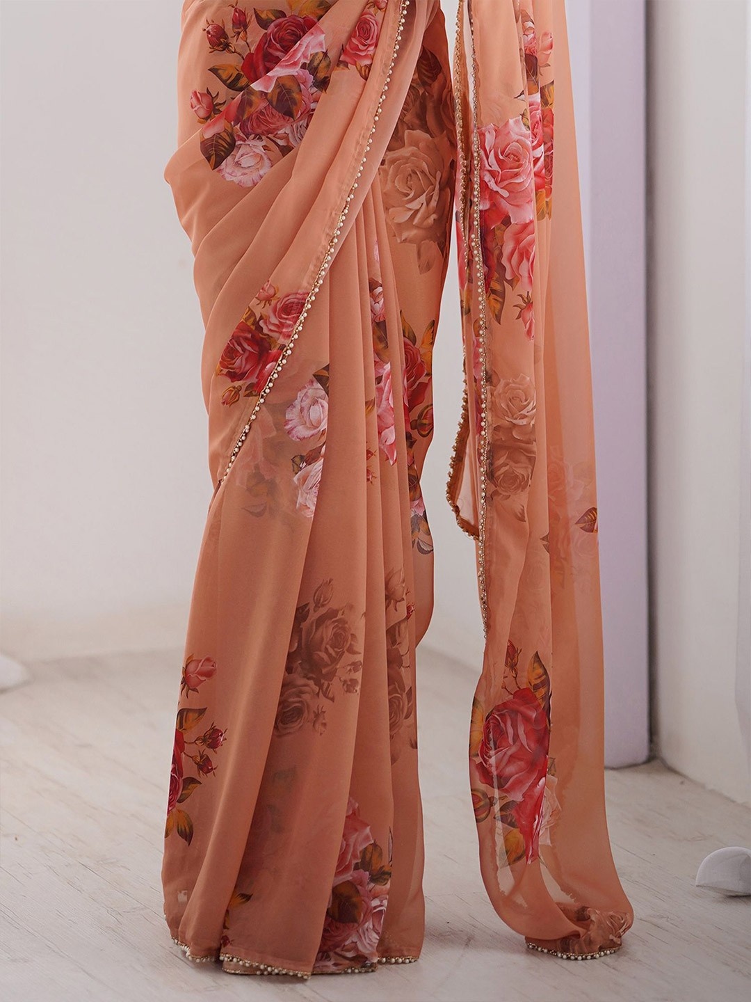 Peach Floral Printed Georgette Saree