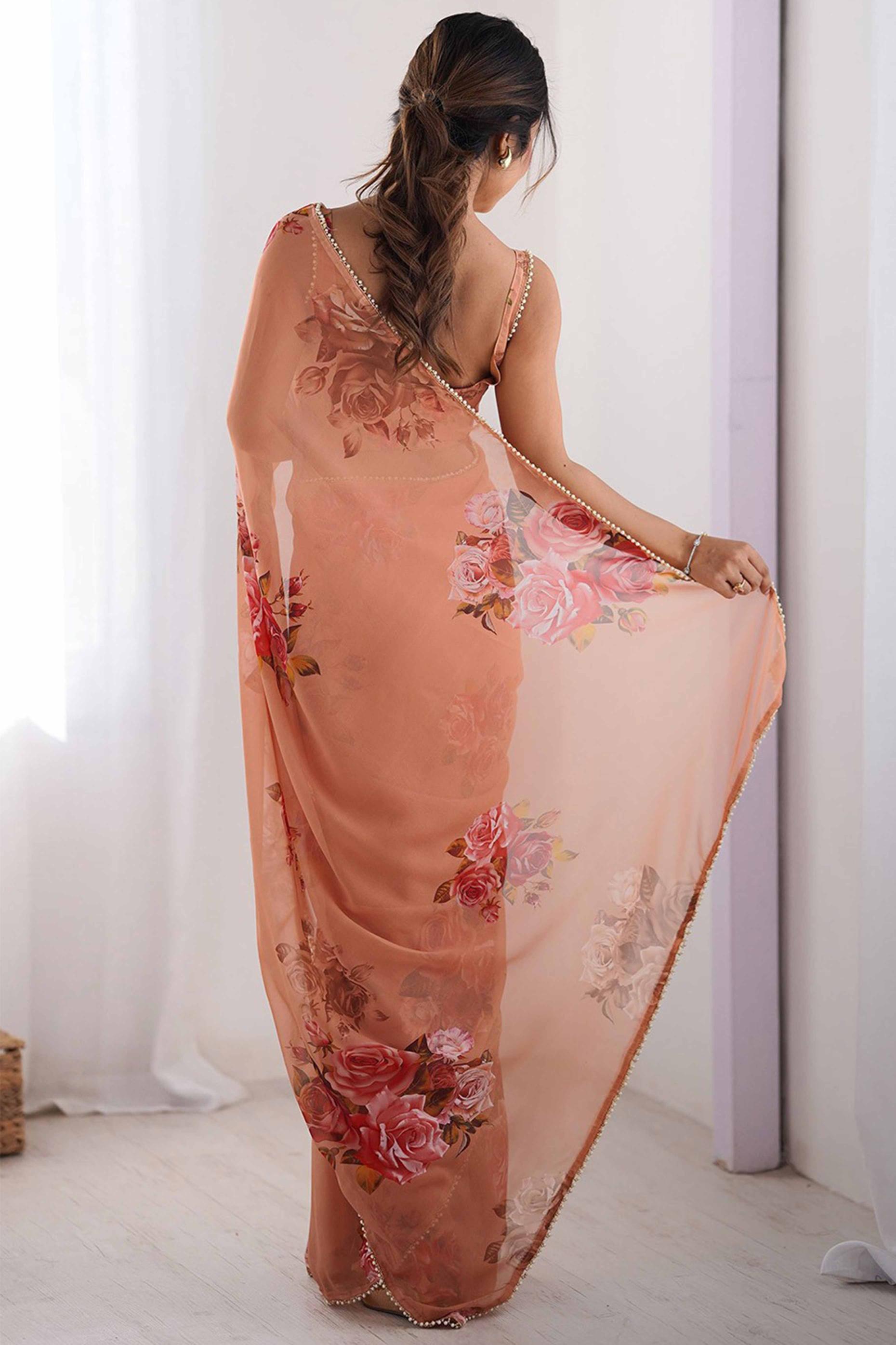 Peach Floral Printed Moti Lace Work Georgette Saree — alternate view