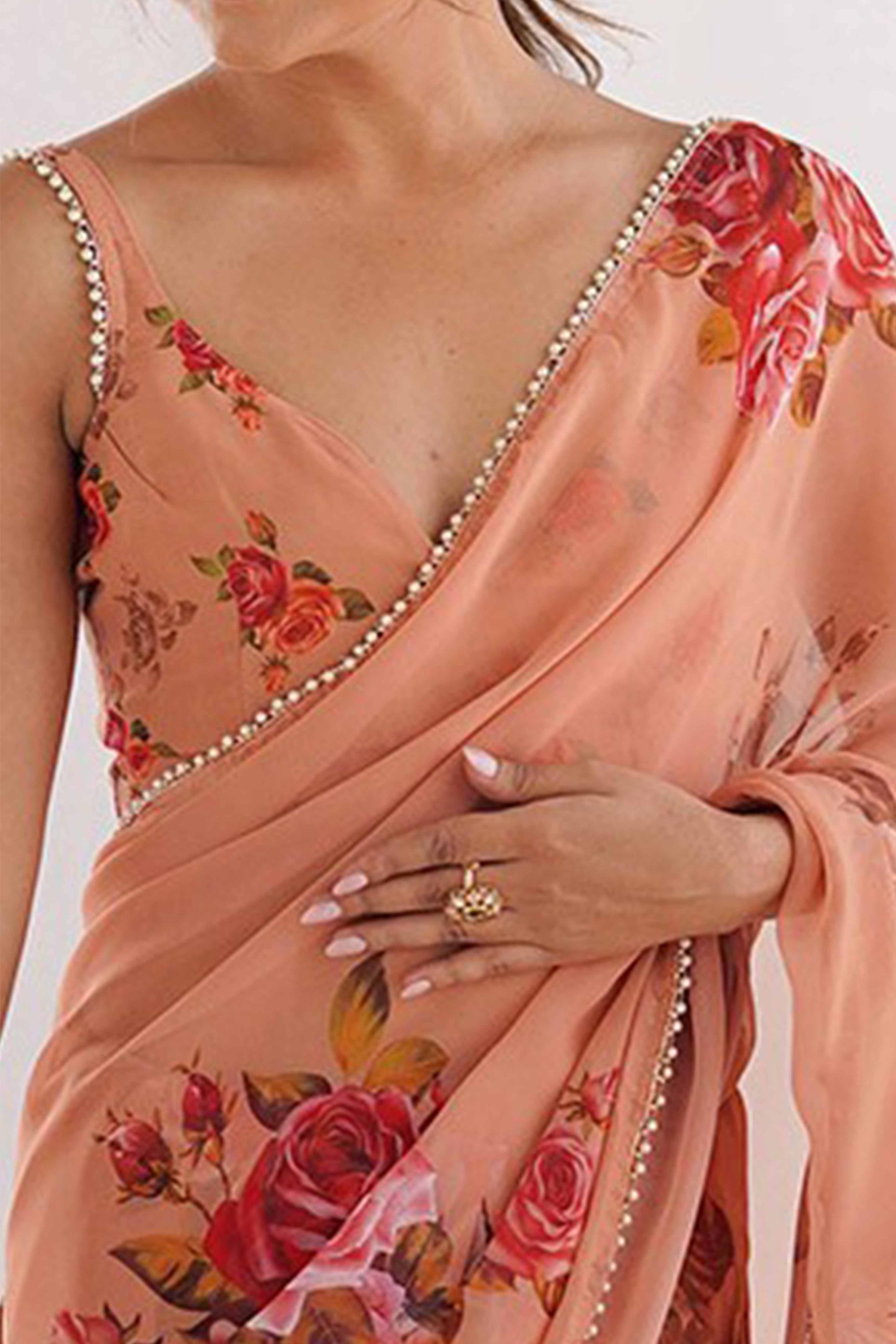 Peach Floral Printed Moti Lace Work Georgette Saree