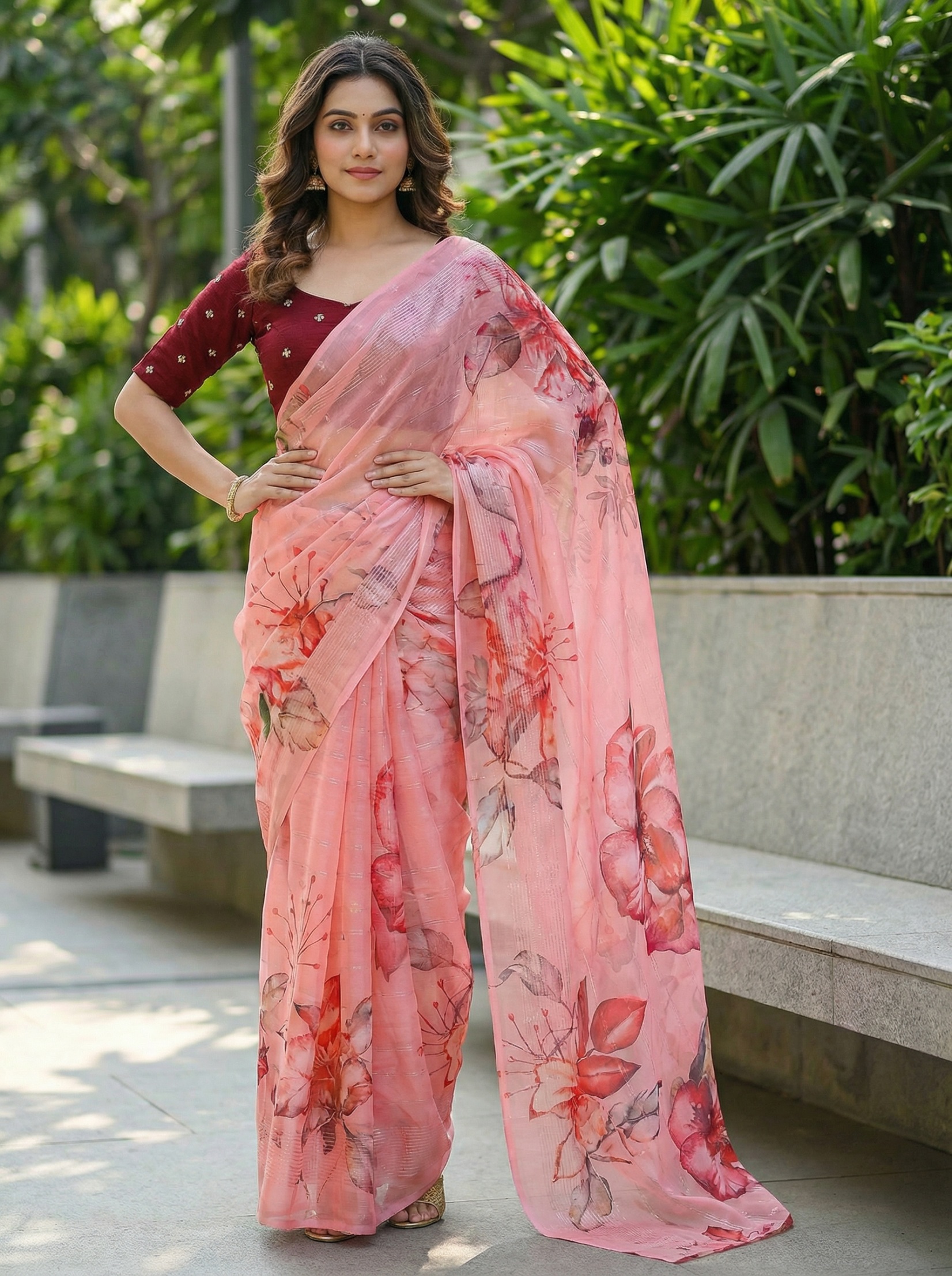 Peach Floral Printed Organza Saree