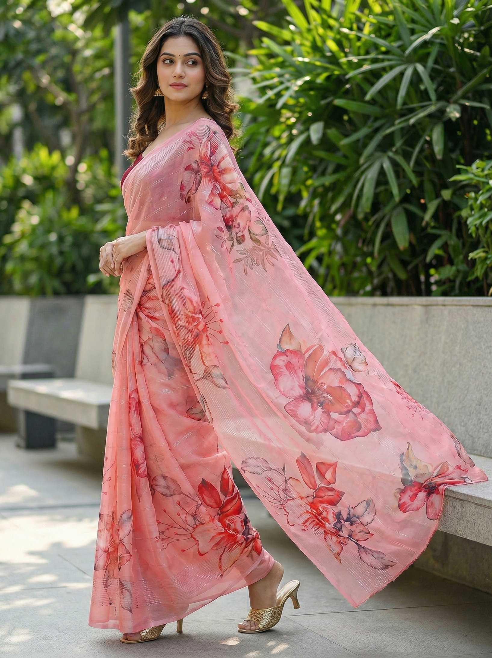 Peach Floral Printed Organza Saree — alternate view