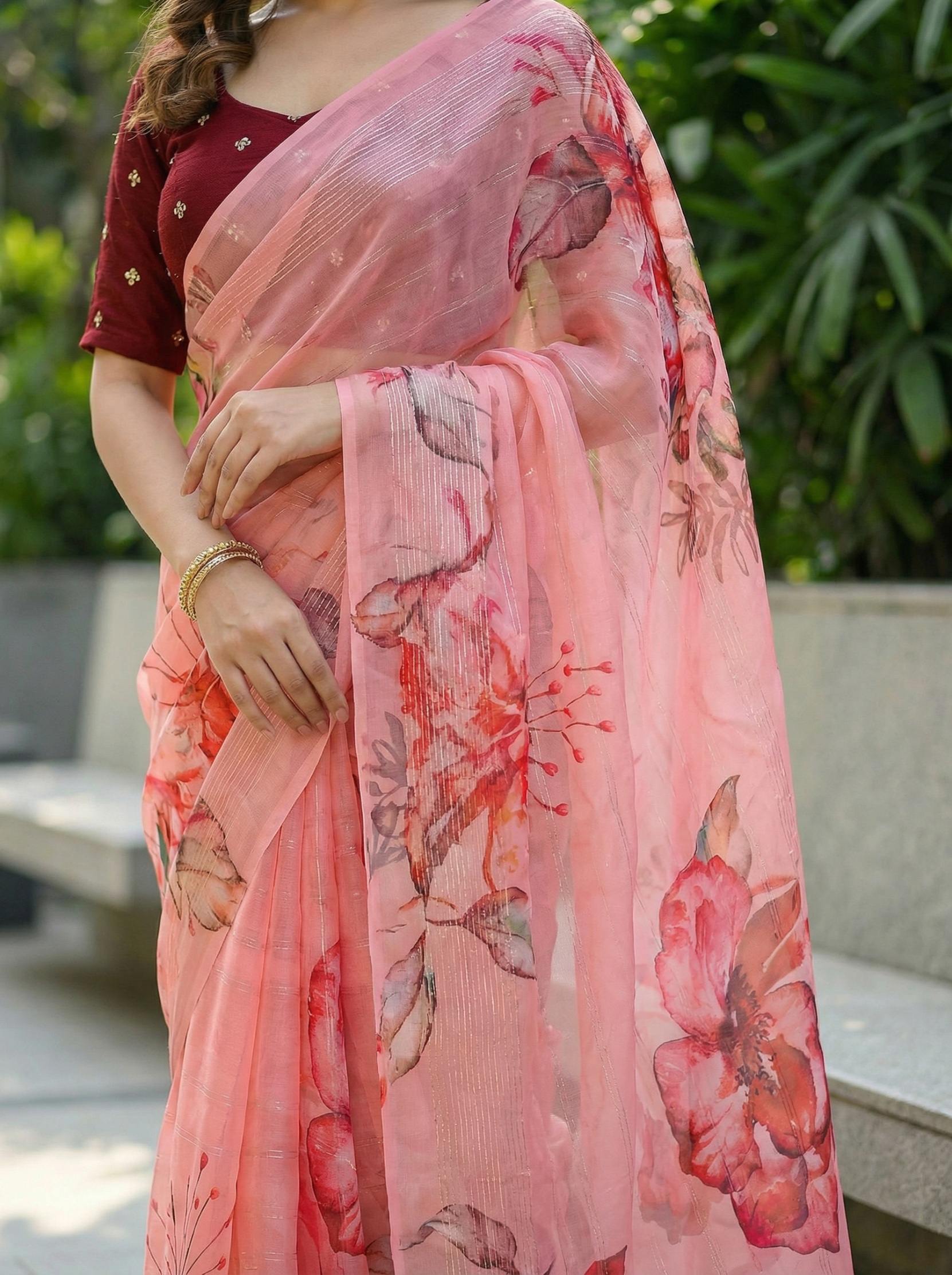 Peach Floral Printed Organza Saree
