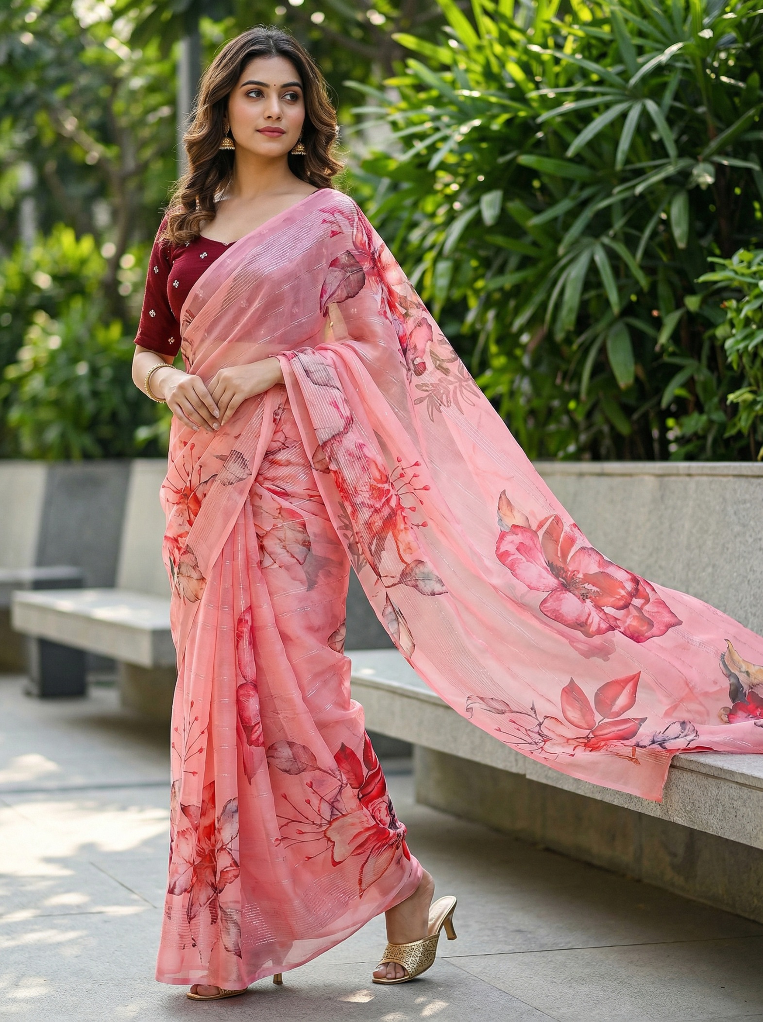 Peach Floral Printed Organza Saree