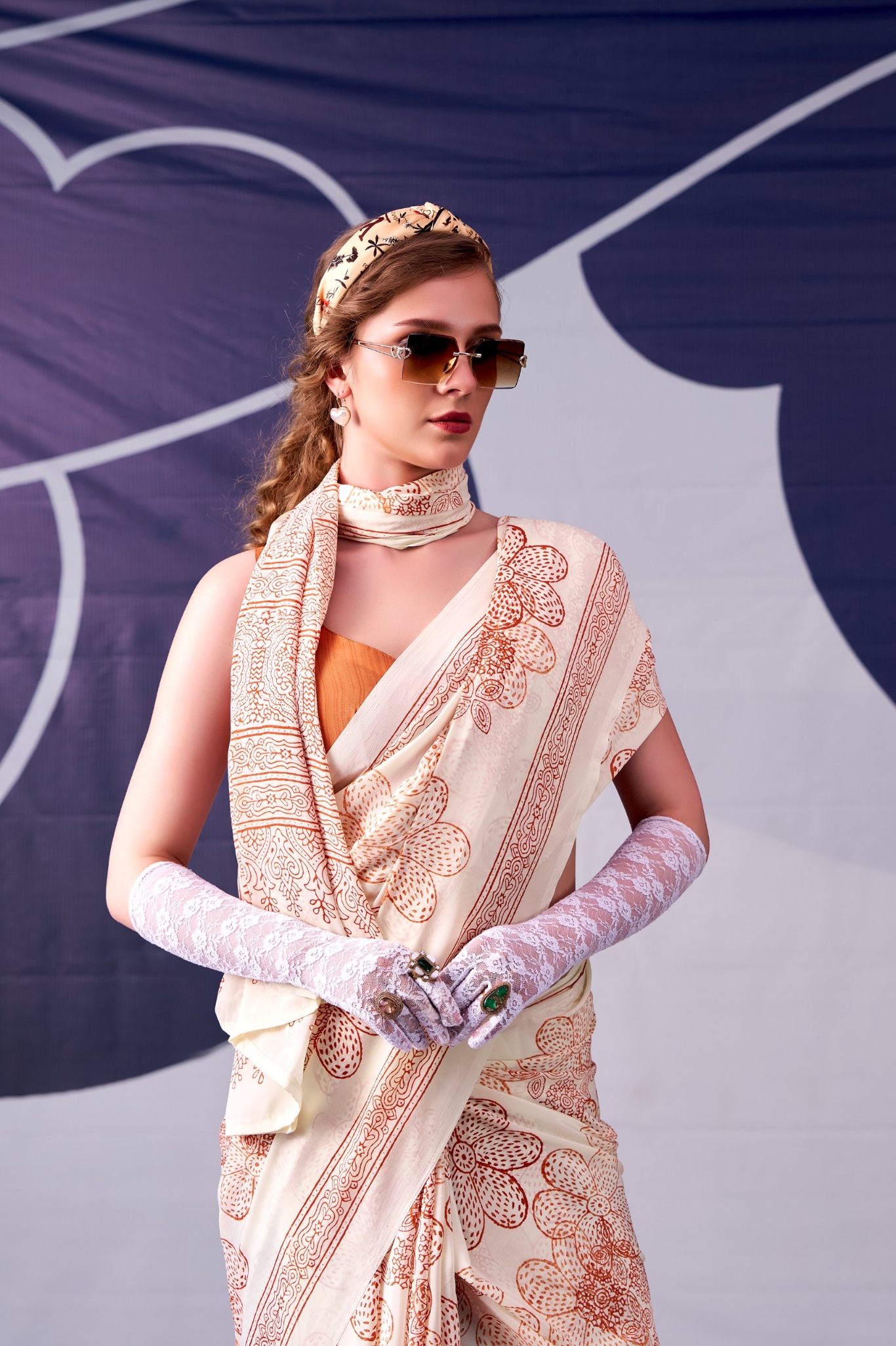 Peach Floral Printed Satin Silk Saree — alternate view