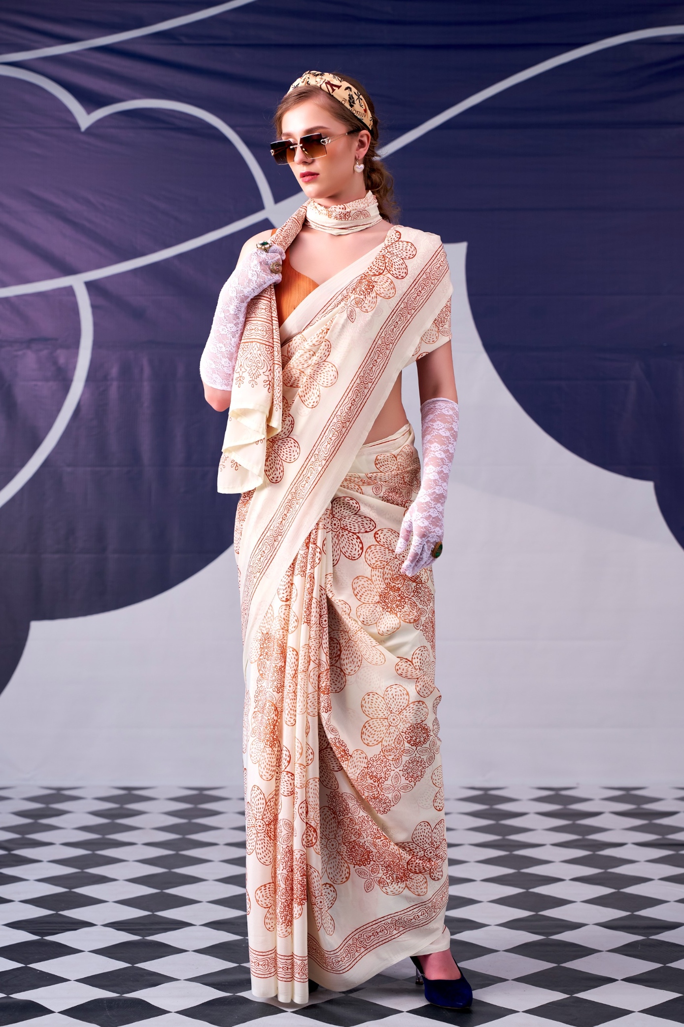 Peach Floral Printed Satin Silk Saree