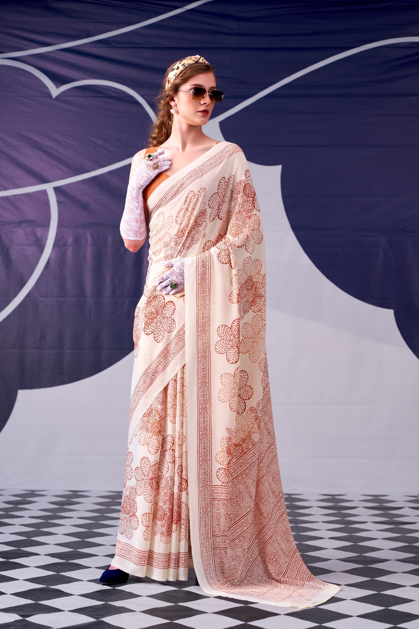 Peach Floral Printed Satin Silk Saree