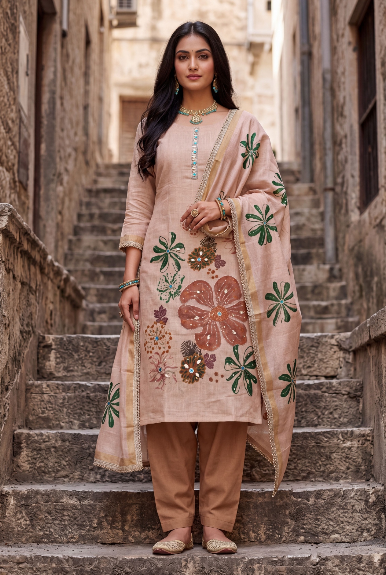Peach Floral Printed Shimmer Linen Cotton Straight Suit
