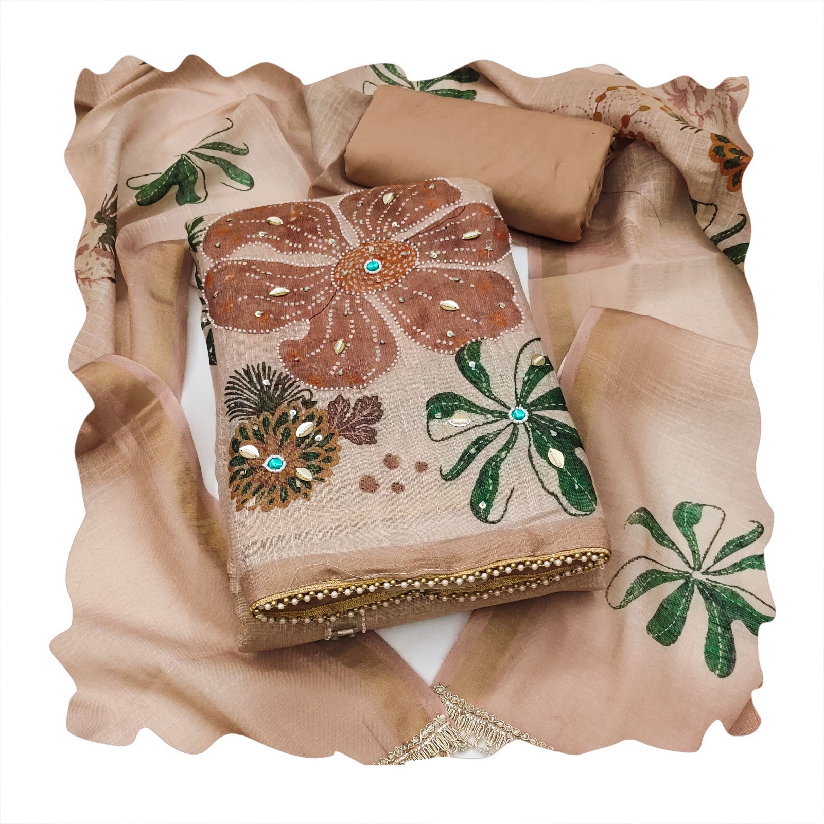 Peach Floral Printed Shimmer Linen Cotton Straight Suit — alternate view