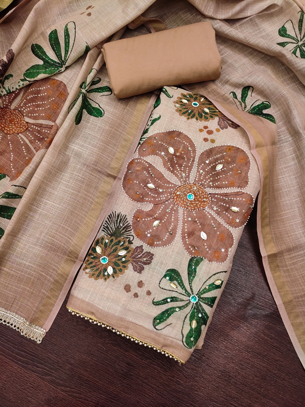 Peach Floral Printed Shimmer Linen Cotton Straight Suit