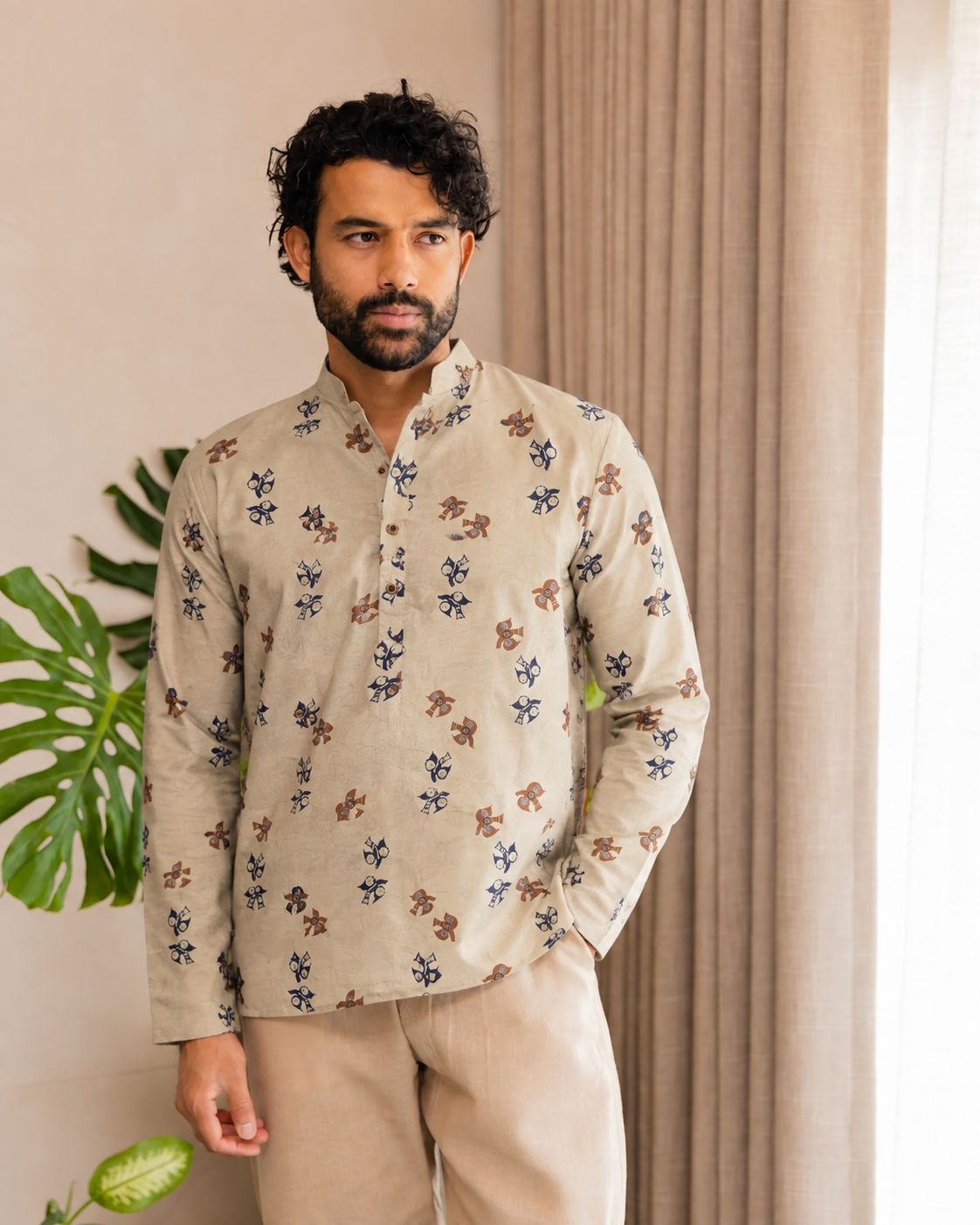 Peach Floral Printed Swiss Linen Short Kurta