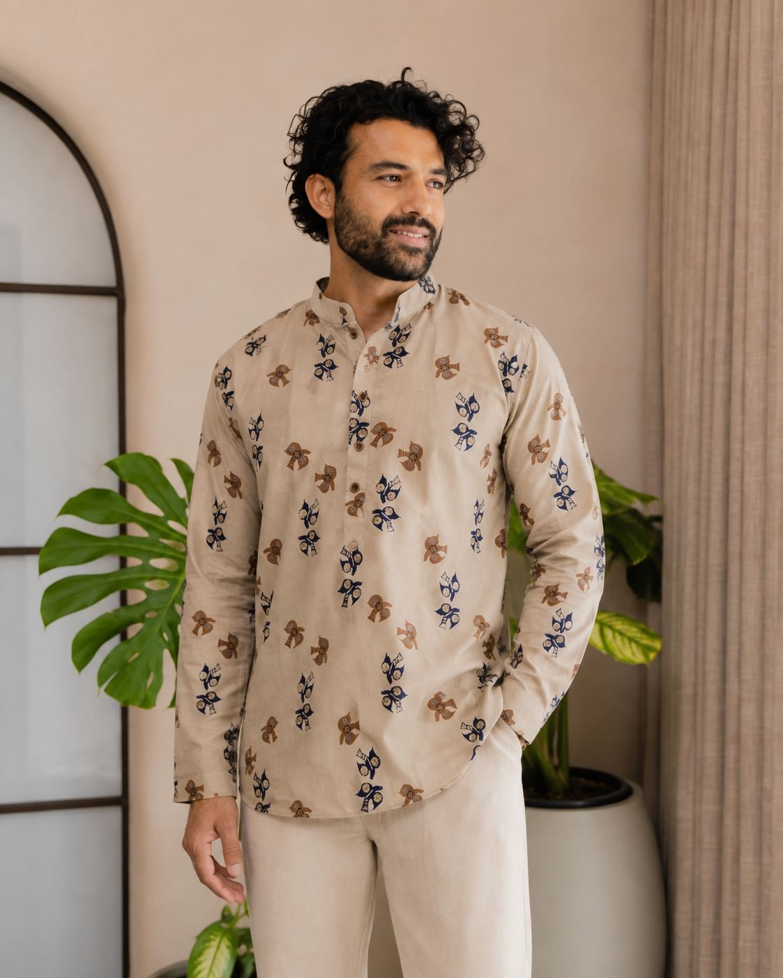 Peach Floral Printed Swiss Linen Short Kurta