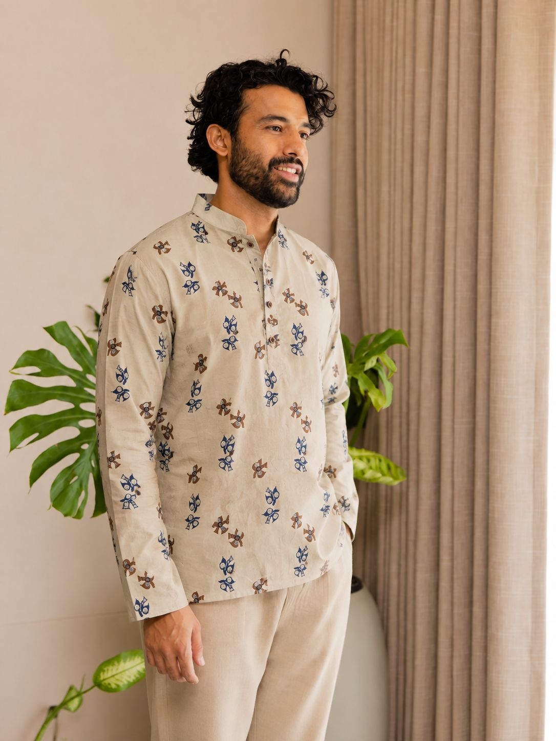 Peach Floral Printed Swiss Linen Short Kurta