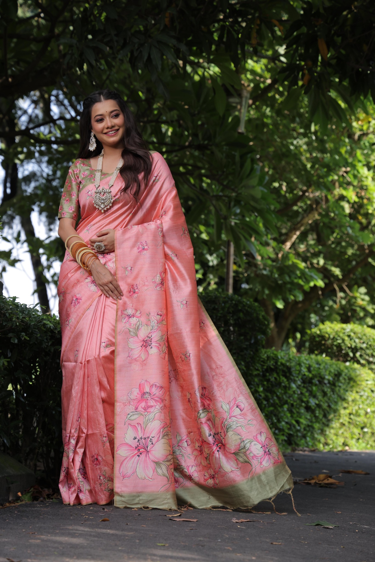 Peach Floral Printed Tussar Silk Saree