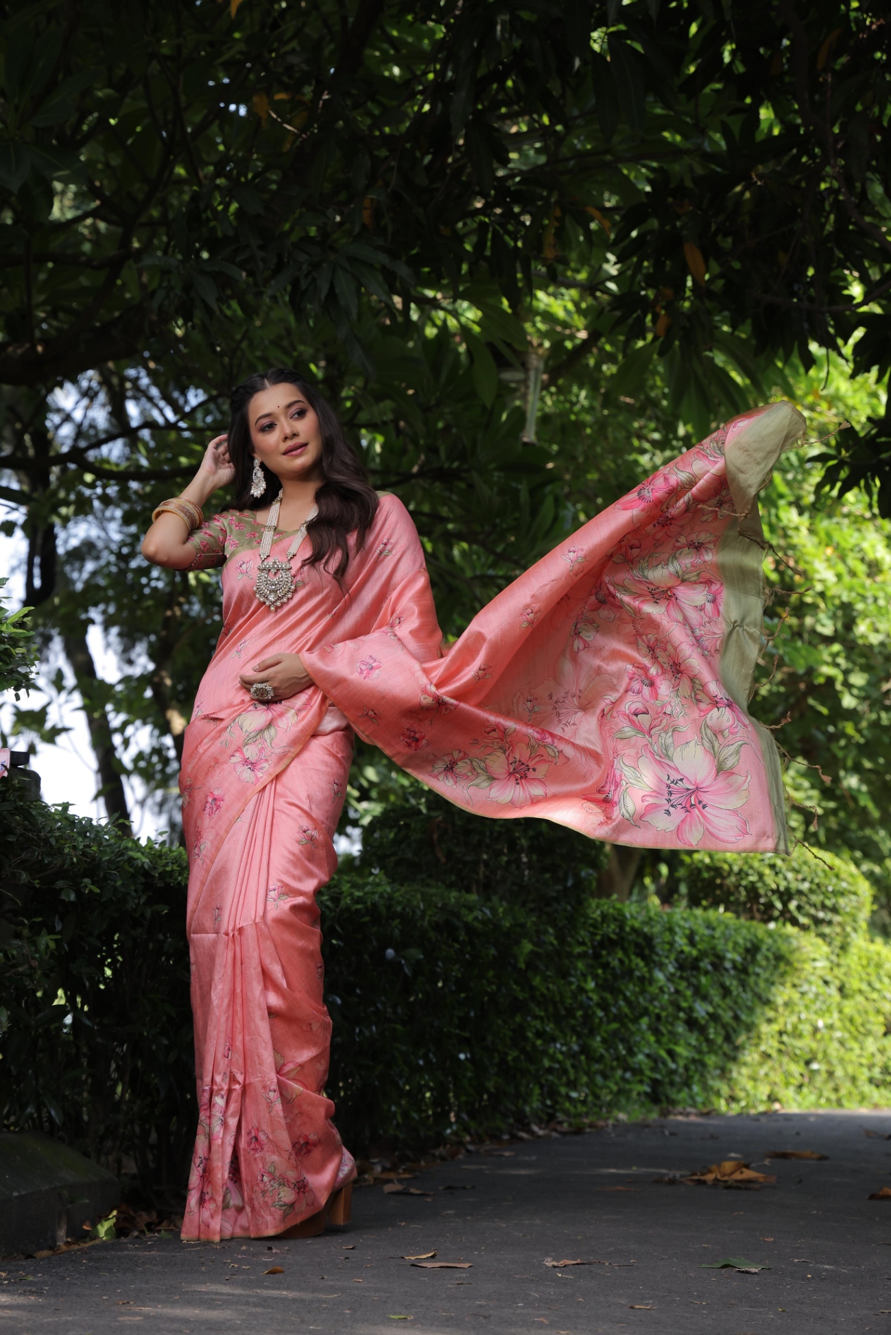 Peach Floral Printed Tussar Silk Saree — alternate view
