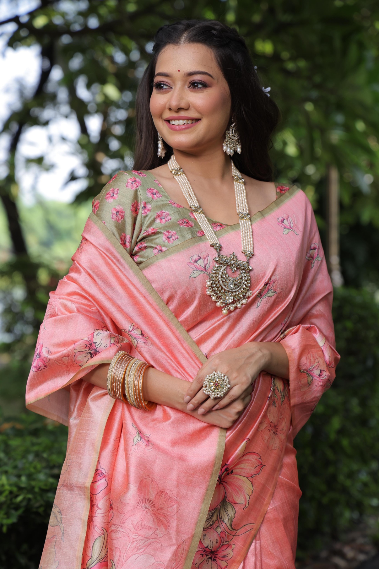 Peach Floral Printed Tussar Silk Saree