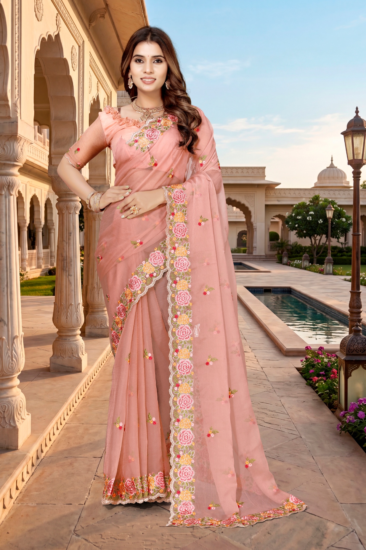 Peach Floral Resham Embroidery Vari Silk Saree