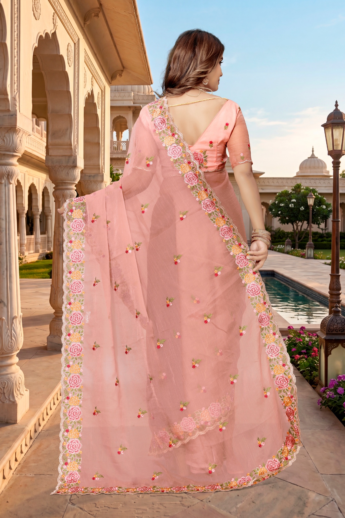 Peach Floral Resham Embroidery Vari Silk Saree — alternate view