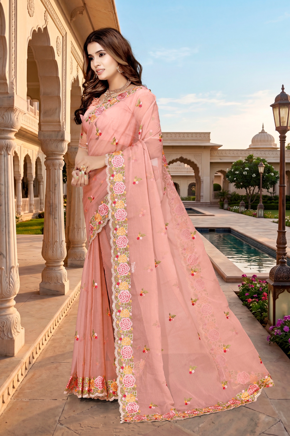 Peach Floral Resham Embroidery Vari Silk Saree