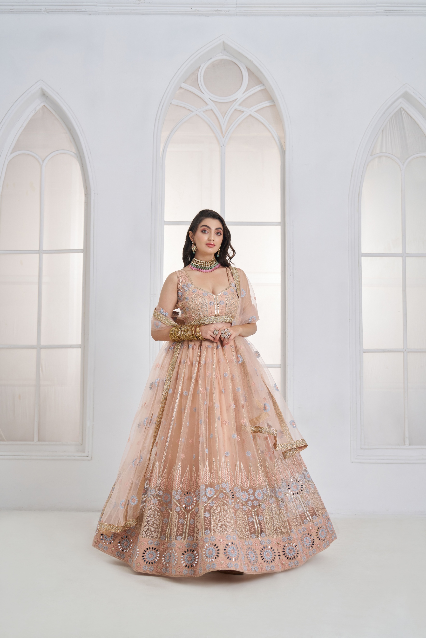 Peach Floral Sequins Butterfly Net Lehenga Choli