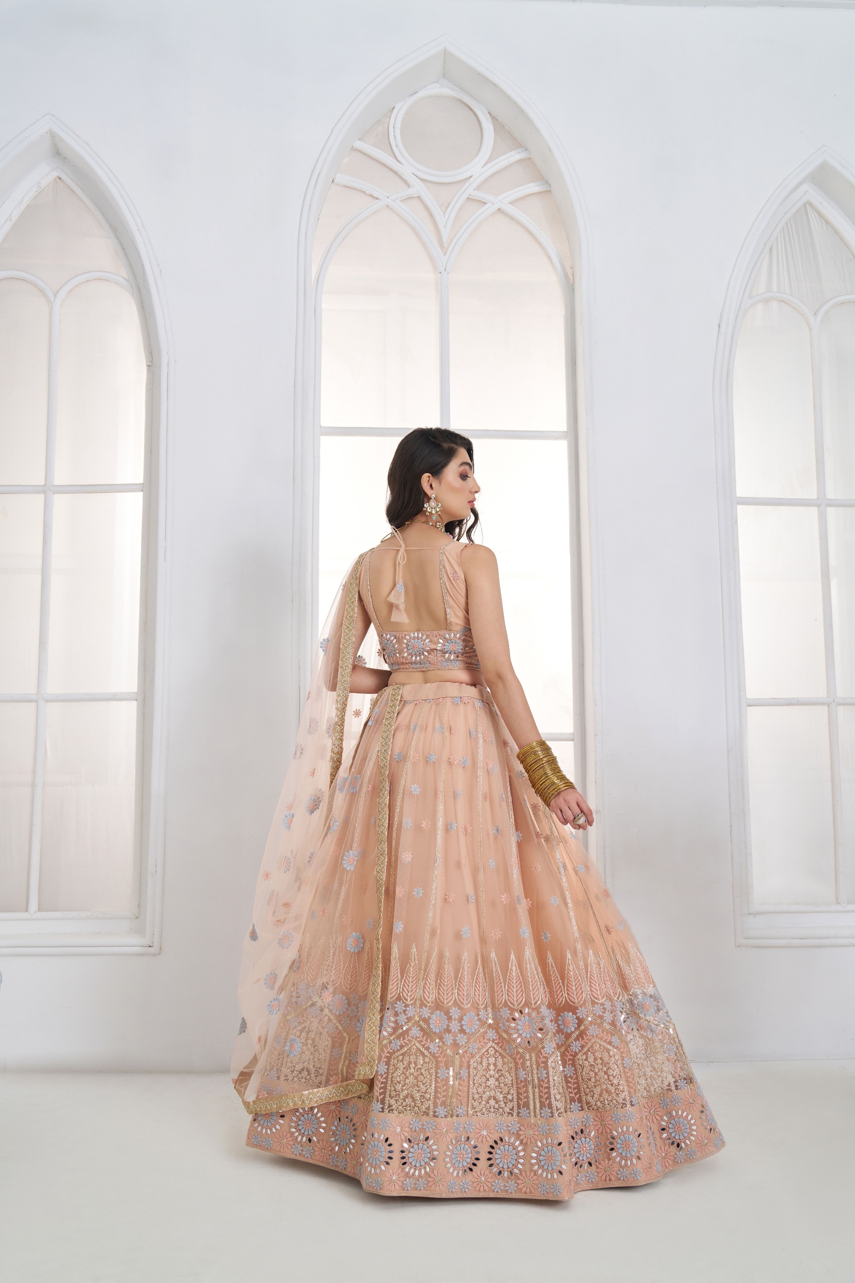 Peach Floral Sequins Butterfly Net Lehenga Choli — alternate view
