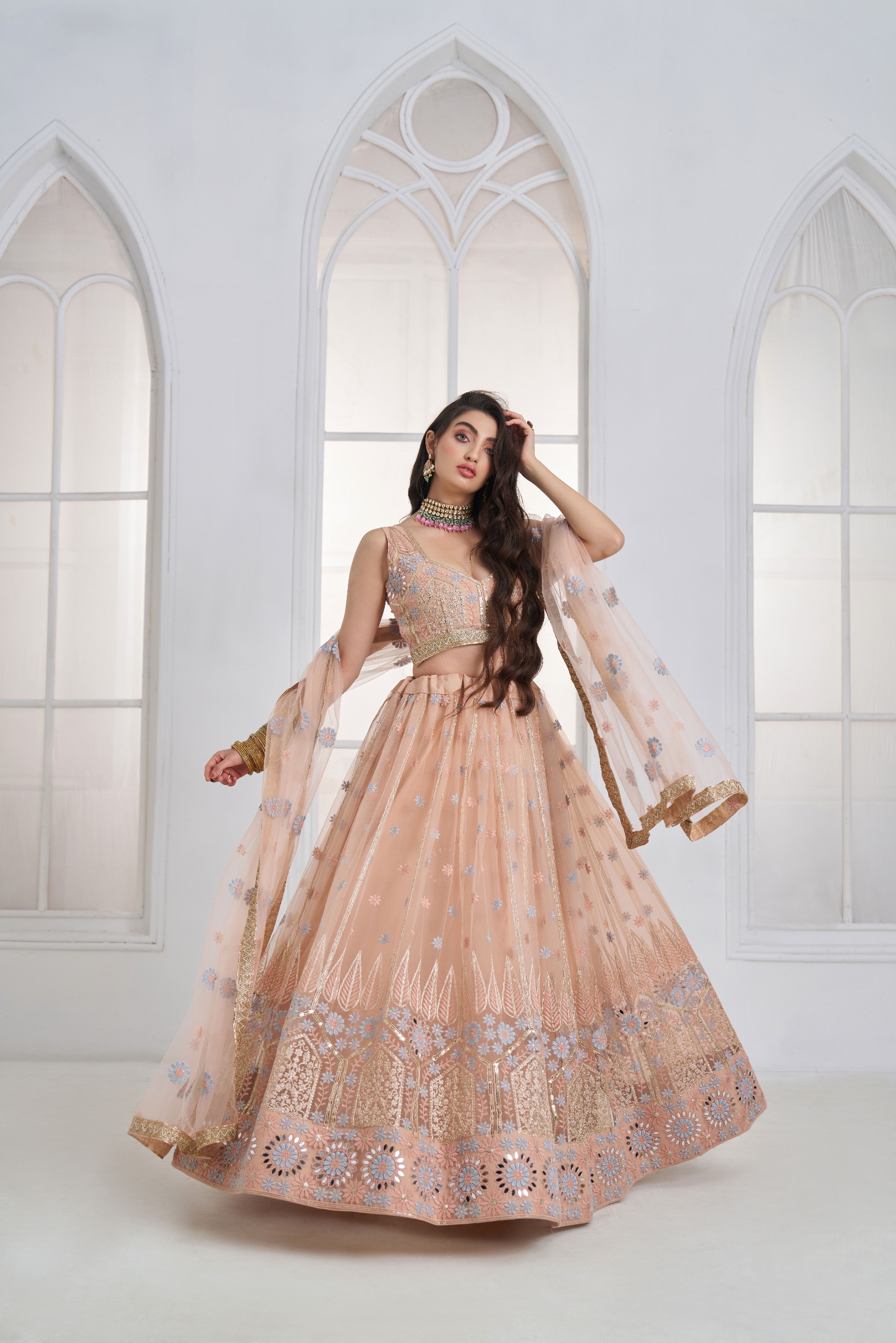 Peach Floral Sequins Butterfly Net Lehenga Choli