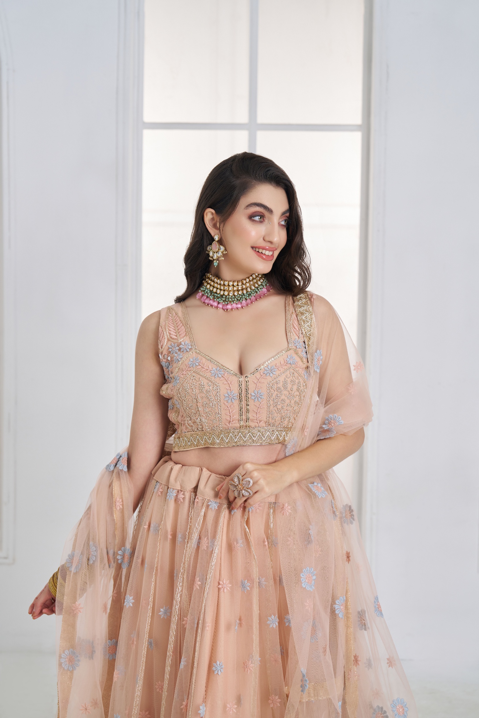Peach Floral Sequins Butterfly Net Lehenga Choli